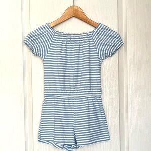 Old Navy Girls Blue White Striped Puff Sleeve Jersey Romper Sz (6-7) Beachy
